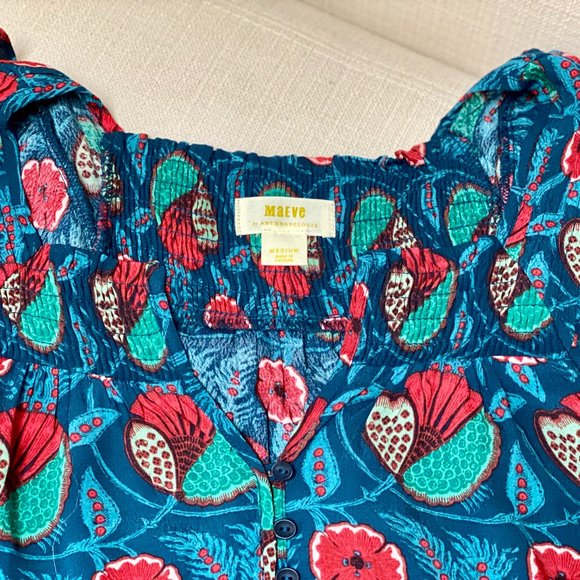 ANTHROPOLOGIE Maeve Blue Red Abstract Poppy Floral Flutter Letitia Sleeve Top - - Picture 3 of 10